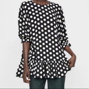 Zara Basic Polka Dot Peplum Hem 3/4 Sleeve Tunic Dress Size Small